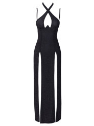Robe longue à décolleté plongeant noire argentée - Cottelli PARTY 