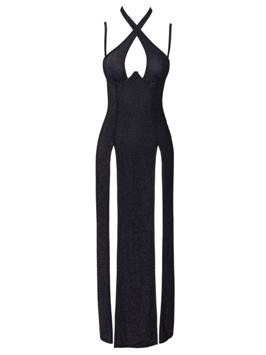 Robe longue à décolleté plongeant noire argentée - Cottelli PARTY 
