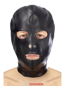 Cagoule BDSM 3 ouvertures en simili cuir - Fetish Tentation