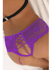 Tanga ouvert dentelle lacé Violet - Litolu Lingerie