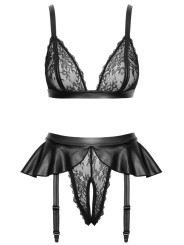 Soutien-gorge et slip fendu à jarretelles noir - Cottelli LINGERIE