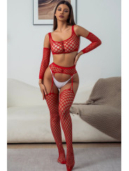 Ensemble Lingerie 3 pièces rouge en résille large - J Lingerie