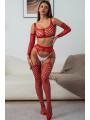 Ensemble Lingerie 3 pièces rouge en résille large - J Lingerie