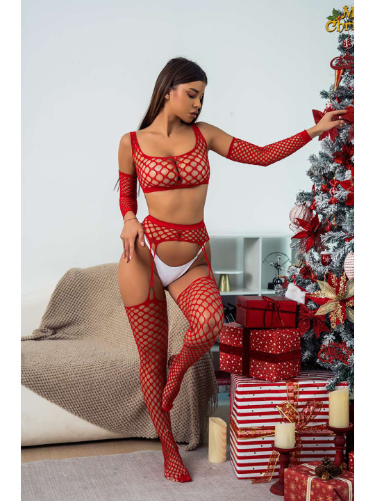 Ensemble Lingerie 3 pièces rouge en résille large - J Lingerie