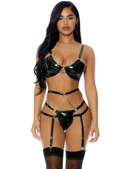 Ensemble 3 pièces à jarretelles en faux cuir - J Lingerie