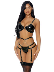 Ensemble 3 pièces à jarretelles en faux cuir - J Lingerie