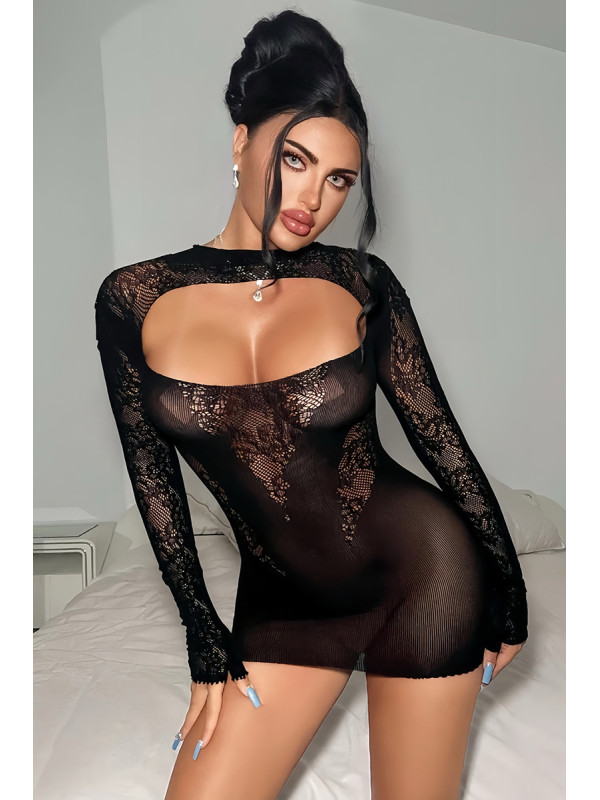 Robe résille noire décolletée à manches longues - J Lingerie