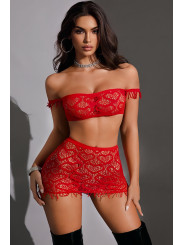 Ensemble top et jupe résille rouge - J Lingerie