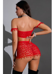 Ensemble top et jupe résille rouge - J Lingerie
