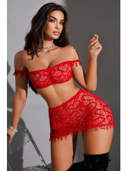 Ensemble top et jupe résille rouge - J Lingerie
