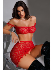 Ensemble top et jupe résille rouge - J Lingerie