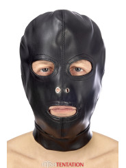 Cagoule BDSM 3 ouvertures en simili cuir - Fetish Tentation