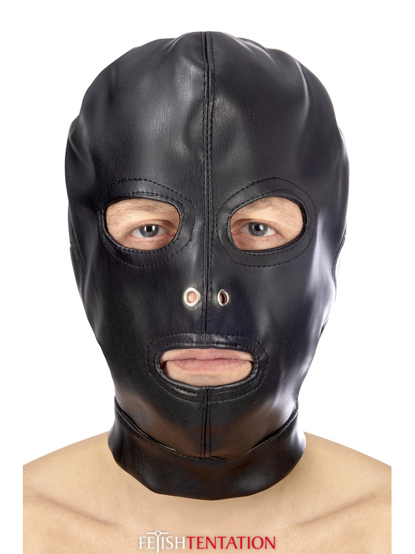 Cagoule BDSM 3 ouvertures en simili cuir - Fetish Tentation