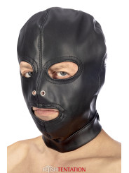 Cagoule BDSM 3 ouvertures en simili cuir - Fetish Tentation