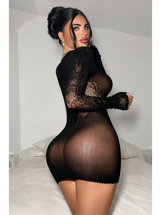 Robe résille noire décolletée à manches longues - J Lingerie