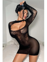 Robe résille noire décolletée à manches longues - J Lingerie