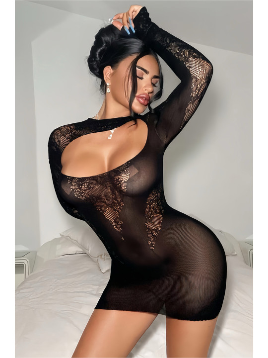 Robe résille noire décolletée à manches longues - J Lingerie