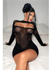 Robe résille noire décolletée à manches longues - J Lingerie