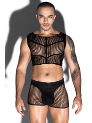 Ensemble top et boxer noir en maille résille - J Lingerie