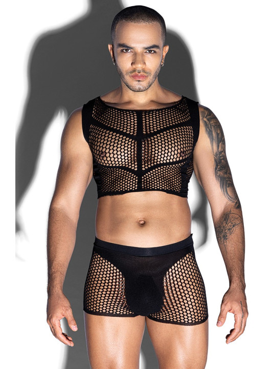 Ensemble top et boxer noir en maille résille - J Lingerie