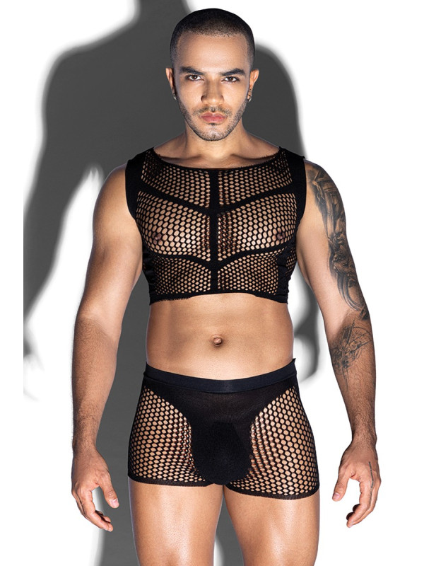 Ensemble top et boxer noir en maille résille - J Lingerie
