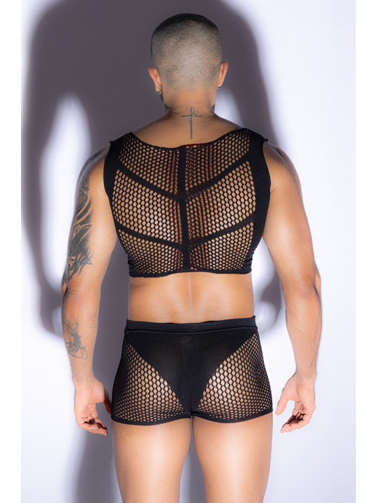 Ensemble top et boxer noir en maille résille - J Lingerie