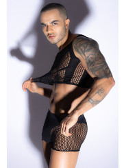 Ensemble top et boxer noir en maille résille - J Lingerie