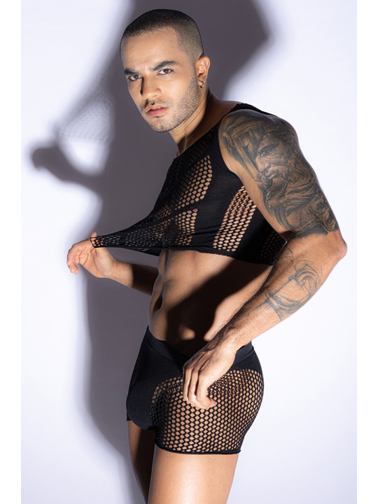 Ensemble top et boxer noir en maille résille - J Lingerie