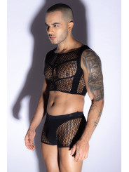 Ensemble top et boxer noir en maille résille - J Lingerie