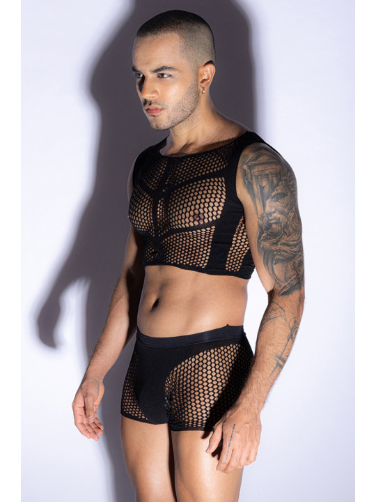 Ensemble top et boxer noir en maille résille - J Lingerie