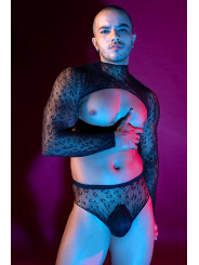 Ensemble top et slip noir en maille résille - J Lingerie
