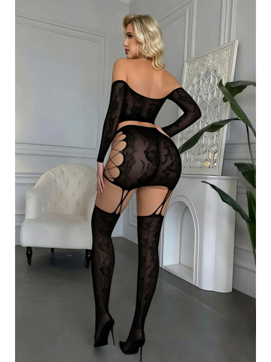 Ensemble top et jupe à collants intégrés noir - J Lingerie