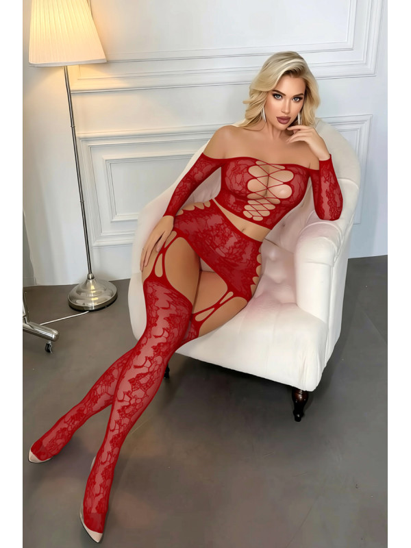Ensemble top et jupe à collants intégrés rouge - J Lingerie