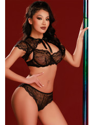 Ensemble soutien-gorge, tanga et caraco noir - J Lingerie