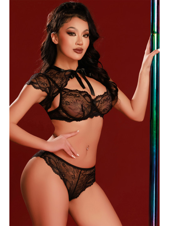 Ensemble soutien-gorge, tanga et caraco noir - J Lingerie