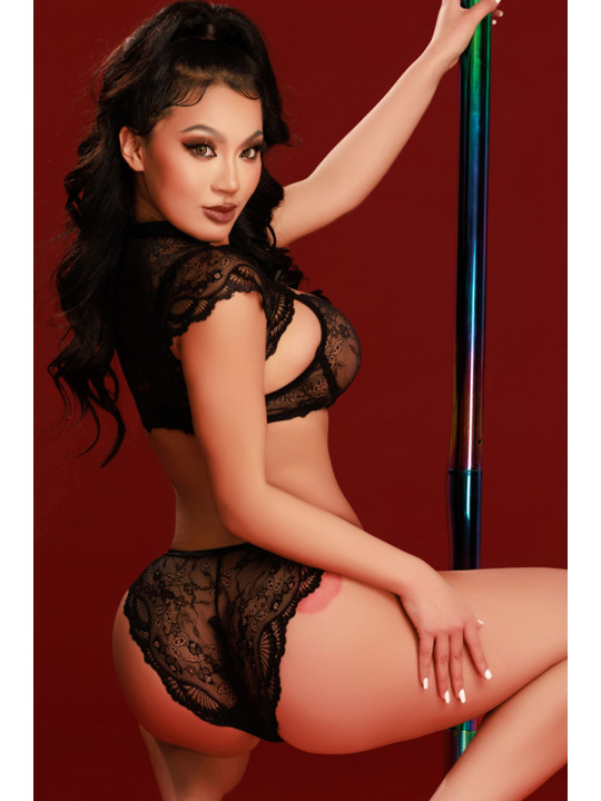 Ensemble soutien-gorge, tanga et caraco noir - J Lingerie