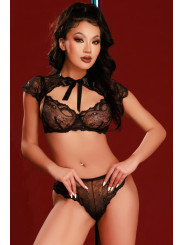 Ensemble soutien-gorge, tanga et caraco noir - J Lingerie