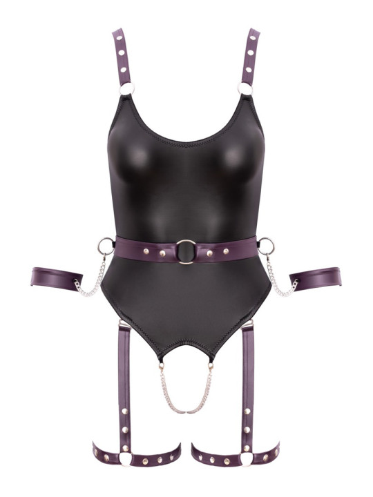 Body à jarretelles ouvert avec menottes - Cottelli Bondage
