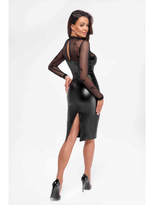 Robe moulante Sublime F310 wetlook et tulle floqué