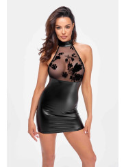 Mini robe dos nu Eros F311 wetlook et tulle floqué