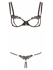 Ensemble dentelle string ouvert et seins nus noir - Cottelli Lingerie