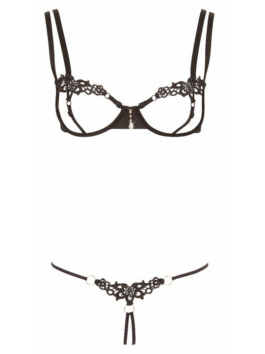 Ensemble dentelle string ouvert et seins nus noir - Cottelli Lingerie