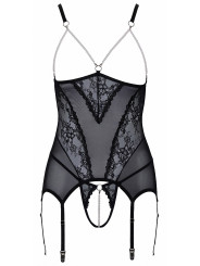 Guêpière seins nus et string ouvert résille et perles - Cottelli Lingerie