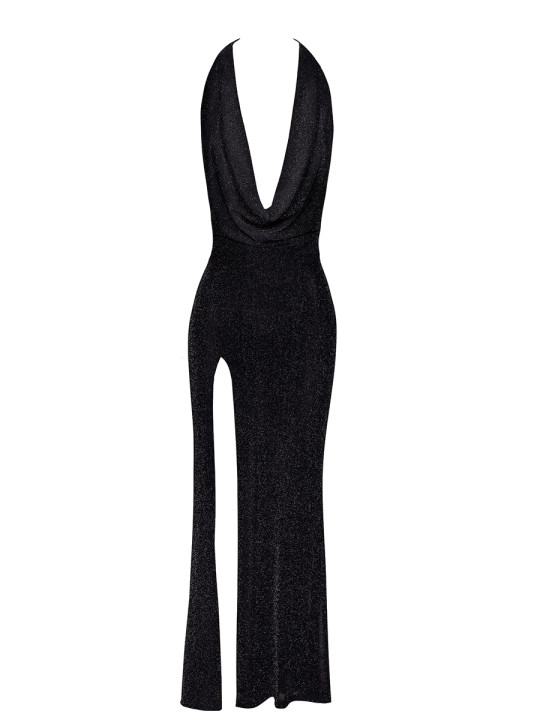 Robe longue fendue Onyx F373 - Noir Handmade